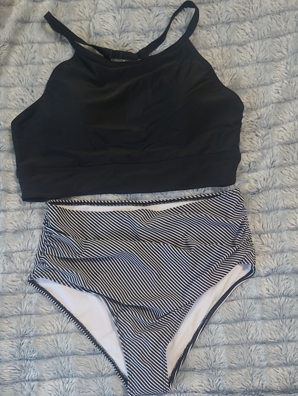 Amazon Black High-Neck Bikini Top with Black & White Striped High-Waist Bottom